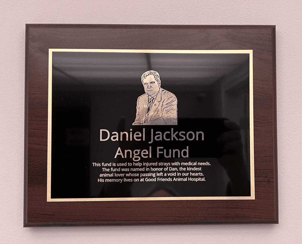 Daniel Jackson Angel Fund plaque hanging on a wall.